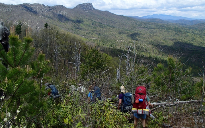 A group of students wearing backpacks hike away from the camera through a green mountainous landscape.